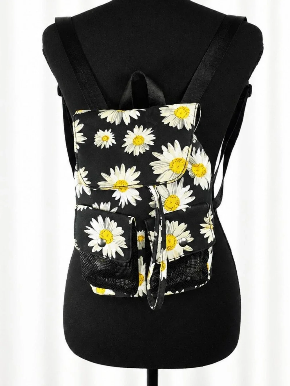 👜 Black Daisy Floral Backpack White Yellow Flower Drawstring Casual Bag